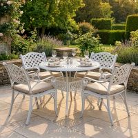 Deluxe “Aether” Outdoor Four Seater Garden Table & Chair Set in White digital illustration dressed table