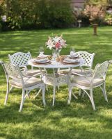 Deluxe “Aether” Outdoor Four Seater Garden Table & Chair Set in White with Cushions dressed table Deluxe “Aether” Outdoor Four Seater Garden Table & Chair Set in White with Cushions dressed table