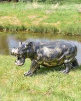 Side View of Deluxe Cast Aluminium Freestanding Wild Hippo Garden Sculpture in Antique Gold Side View of Deluxe Cast Aluminium Freestanding Wild Hippo Garden Sculpture in Antique Gold