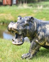 Close-Up of Deluxe Cast Aluminium Freestanding Wild Hippo Garden Sculpture in Antique Gold Close-Up of Deluxe Cast Aluminium Freestanding Wild Hippo Garden Sculpture in Antique Gold