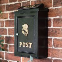 Deluxe Polished Brass “Tudor Rose” Wall Mounted Post Box in Situ on a Brick Wall
