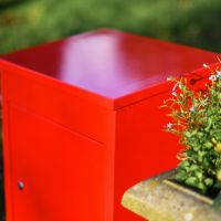 Deluxe Red Bexley Free Standing Parcel Box in Situ Deluxe Red Bexley Free Standing Parcel Box in Situ