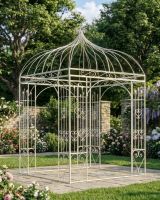 Deluxe Wrought Iron "Annabella" Cream Powder Coated Gazebo ai illustration in a lush garden