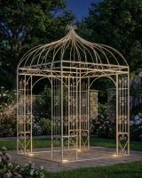 Deluxe Wrought Iron "Annabella" Cream Powder Coated Gazebo ai illustration in a lush garden at night with lights