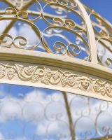 Close-Up of Pattern on Deluxe Wrought Iron "Aurelia" French Cream Gazebo Close-Up of Pattern on Deluxe Wrought Iron "Aurelia" French Cream Gazebo