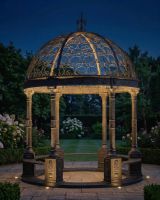 Digital Illustration of the Deluxe Wrought Iron "Aurelia" Black Powder Coated Gazebo In Situ Illuminated at Night