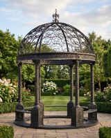 Digital Illustration of the Deluxe Wrought Iron "Aurelia" Black Powder Coated Gazebo In Situ in the Garden
