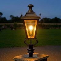 Digital Illustration of the Brass Dorchester Pillar Light and Lantern Set Illuminated at Night