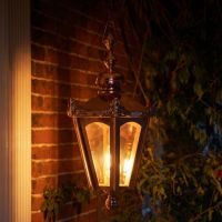 Digital Illustration of the Copper Concordia Hexagonal Garden Hanging Lantern Illuminated at Night