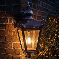 Digital Illustration of the Standard Copper Hanging Corner Wall Lantern Illuminated at Night