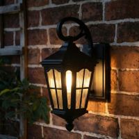 Digital Illustration of the Traditional "Fishhook" Vintage Black Outdoor Top Fix Wall Lantern Illuminated at Night