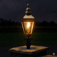 Digital Illustartion of the Polished Brass Harrogate Pillar Light and Lantern Set Illuminated at Night