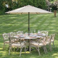 Digital Illustration Antique Champagne "Moreville" Eight Seater Garden Table & Chair Set Dressed for Dining with parasol