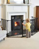 Digital illustration of "BabyPro" Black Five Panel Child Safety Fire Guard with child stood in front of fireguard Digital illustration of "BabyPro" Black Five Panel Child Safety Fire Guard with child stood in front of fireguard