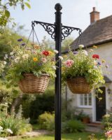 Digital illustration of "Dashwood" Hanging Basket Pillar outside of cottage garden
