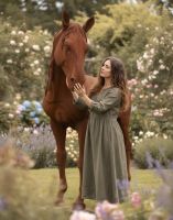 Digital illustration of "Marenco Ranch" Lifesize Cast Iron Horse Sculpture with lady stood next to sculpture for scale