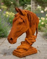 Digital illustration of the "Penlingworth" Horse Bust in Rustic Finish on a garden patio