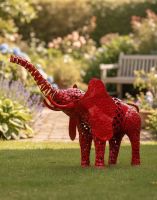 Digital Illustration of "Sambaku" Red Garden Elephant Sculpture Looking Up Positioned on a Garden Lawn