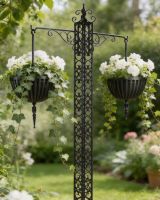 Digital illustration of "Wexford" Free-Standing Ornate Wrought Iron Hanging Basket Tower in verdant garden