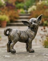 Digital Illustration of a Brushed Gold Standing Chihuahua Sculpture on A Flowery Garden Pathway