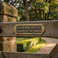 Digital Illustration of a Gate Sign with the Message of Never Mind the Dog Beware of the Owner Mounted at the Entranceway of a Drive