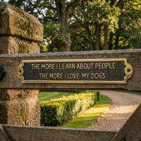 Digital Illustration of a Gate Sign with the Message The more I Learn About People The More I Love my Dogs Placed on a Driveway Gate