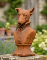 Digital Illustration of a Rustic Cast Iron "Sophisticated Gentleman" Dog Bust Garden Sculpture on a Rustic Garden Wall