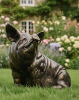 Digital illustration of Antique Brushed Gold Sitting Pig Sculpture positioned in a garden angled towards the front of the sculpture