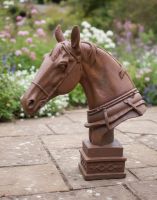 Digital illustration of the “Arytree” Rustic Horse Head Bust Sculpture on a garden patio