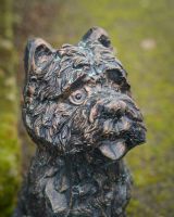 Digital illustration of ‘Baxter’ the Yorkshire Terrier Garden Sculpture in Cast Aluminium - Verdigris close up of head