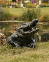 Digital Illustration of Black & Gold Crocodile Sculpture Crawling Out of a Pond onto Grass Lawn