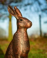 Digital illustration of a Copper ‘Blossom’ the Cast Aluminium Rabbit Garden Sculpture with a close up of the head