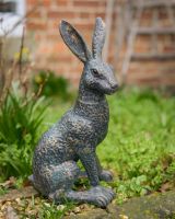 Digital illustration ofa Verdigris "Briar" the Hare Cast Aluminium Garden Sculpture Positioned on Lawn Edge