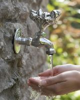 Digital illustration of Bright Chrome Toad In The Hole Garden Tap mounted on a stone wall with water flowing out of tap onto a pair of hands