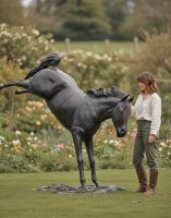 Digital illustration of Bronze Cast Aluminium Bucking Horse Garden Sculpture with lady in shot for scale Digital illustration of Bronze Cast Aluminium Bucking Horse Garden Sculpture with lady in shot for scale