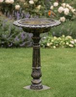 Digital Illustration of Brushed Gold "Floridus" Bird Bath on a Garden Lawn in Front of Flower Borders with Robin on Bird Bath