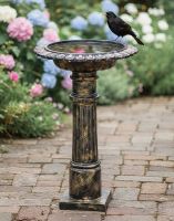 Digital Illustration of Brushed Gold "Fortis" Bird Bath on a Brick Garden patio with Blackbird Percher on Bird Bath Digital Illustration of Brushed Gold "Fortis" Bird Bath on a Brick Garden patio with Blackbird Percher on Bird Bath