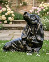 Digital Illustration of Brushed Gold Basset Hound Garden Sculpture in Front of Garden Patio