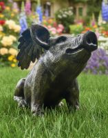 Digital illustration of Brushed Gold Flying Pig Sculpture in a garden Digital illustration of Brushed Gold Flying Pig Sculpture in a garden