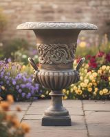 Digital illustration of Cast Iron Bronze Urn in front of glowery patio garden