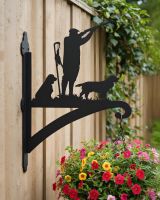 Digital illustration of Game Season "Springer Spaniel" Iron Hanging Basket Bracket mounted on a natural wooden fence