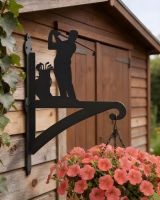 Digital illustration of Golfer Hanging Iron Basket Bracket mounted on a wooden shed