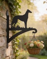 Digital illustration of Greyhound Dog Iron Hanging Basket Bracket mounted on a wall