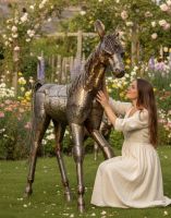 Digital illustration of Hand Made Fabricated Steel Horse Sculpture with lady in shot for scale Digital illustration of Hand Made Fabricated Steel Horse Sculpture with lady in shot for scale