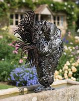 Digital illustration of the Heavy Duty Recycled Chain Metal Horse Head Ornament Sculpture close up view in gront of a cottage Digital illustration of the Heavy Duty Recycled Chain Metal Horse Head Ornament Sculpture close up view in gront of a cottage