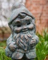 Digital illustration of ‘Hodge’ the Garden Gnome in Cast Aluminium - Verdigris close up of head