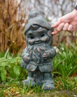 Digital illustration of ‘Hodge’ the Garden Gnome in Cast Aluminium - Verdigris with hand in shot for scale