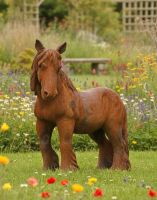 Digital illustration of Miniature Cast Iron Pony Sculpture - Rustic in a garden