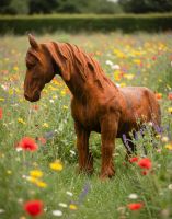 Digital illustration of Miniature Pony Facing Right Rustic Cast Iron Sculpture in wild flower meadow