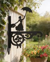 Digital illustration of Ornate Flying Nanny Iron Hanging Basket Bracket mounted on a fence